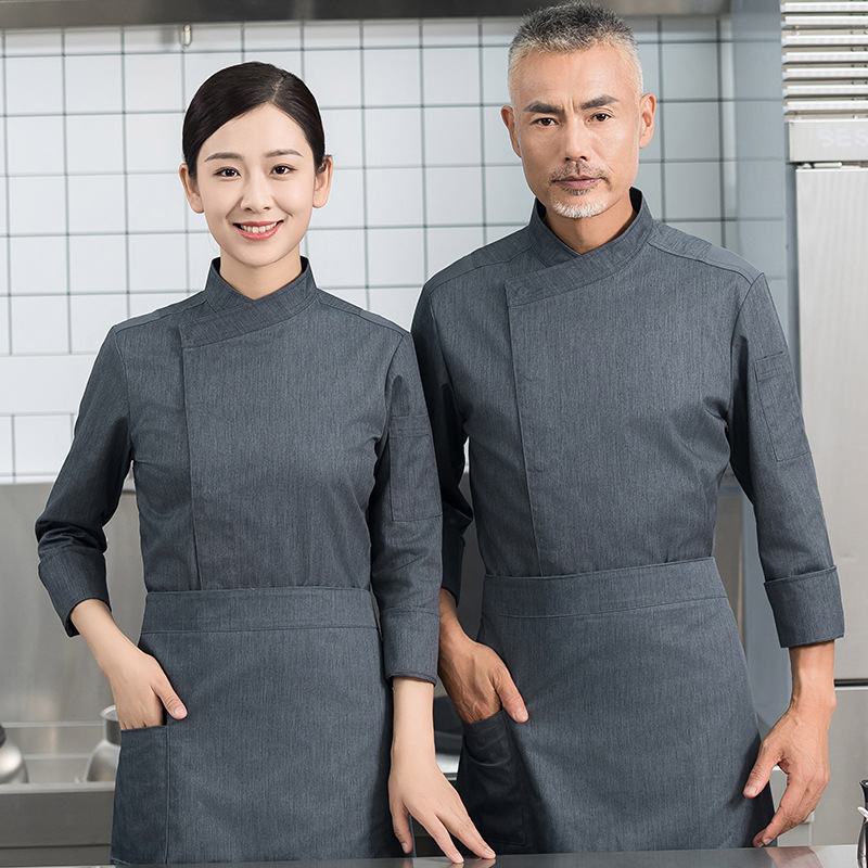 斜领暗门襟酒店厨师工作服男秋冬装餐饮饭店蛋糕店烘焙师后厨长袖