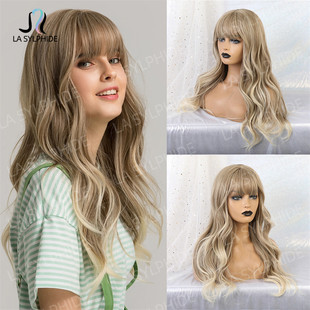 Foreign Trade European and American Wig Female Mechanism Chemical Fiber Headgear hair Golden Gray Qi Bangs Long Curly Wigs