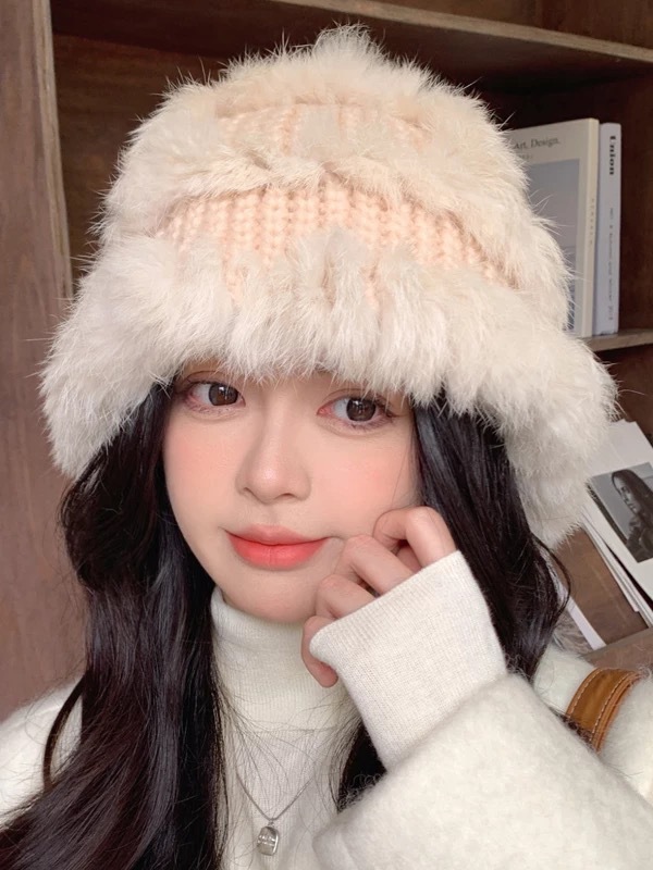 大头围毛线帽子女秋冬仿兔毛针织帽显脸小保暖护耳皮草滑雪包头帽|undefined