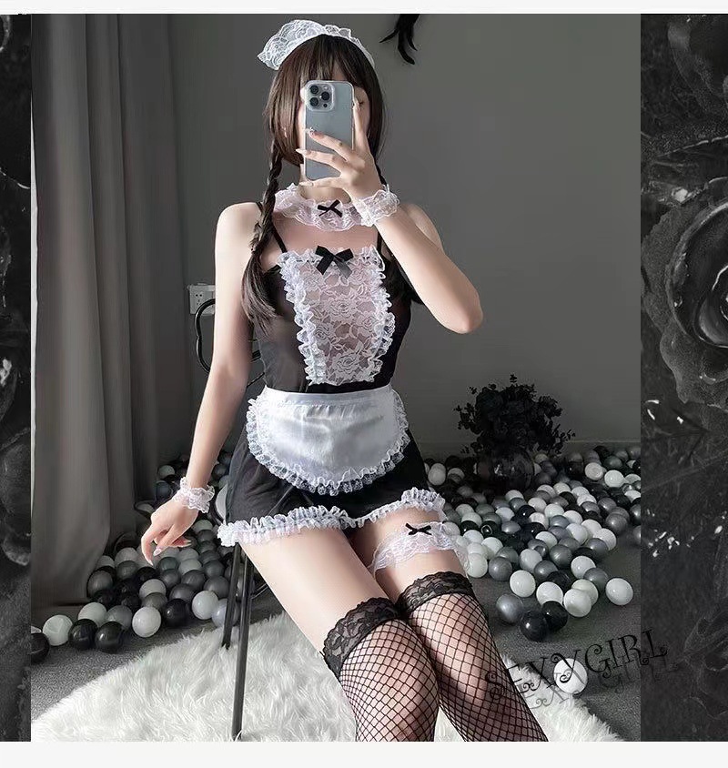 Lace Maid Roleplay Lingerie Set with Fishnet Stockings, One Size — detail image 8