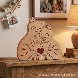 跨境木制猫咪温馨一家人拼图套装摆件家居节日实木装饰摆件