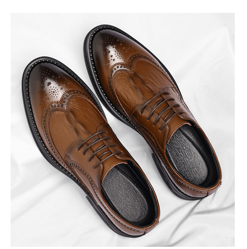 Giày da nam công sở da bò vân cá sấu mũi nhọn kiểu Brogue tăng chiều cao — Nâu công sở, Đen thời trang chi tiết 17