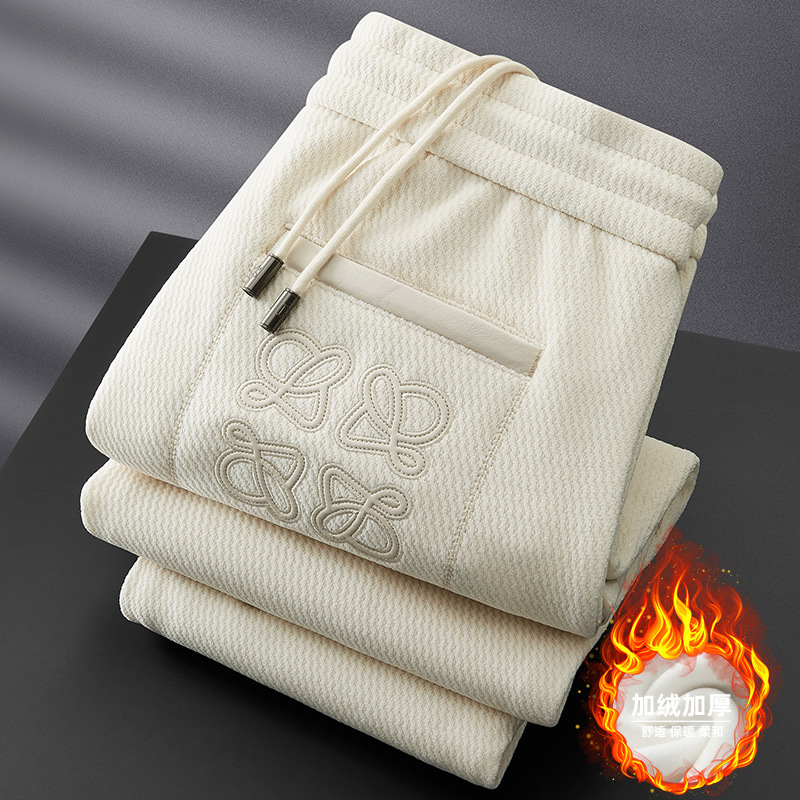 轻奢级秋冬季加绒加厚波浪纹运动裤男修身小脚高端刺绣休闲裤男潮