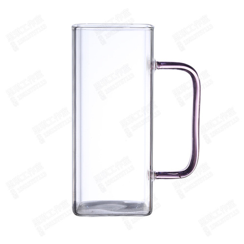 高硼硅玻璃水杯耐高温家用吸管果汁牛奶杯方形玻璃杯带把手