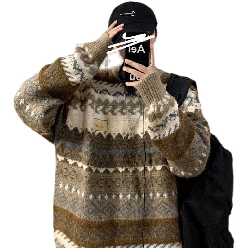 Suéter perezoso de los hombres retro Otoño e Invierno engrosado ins moda cuello redondo suelta suéter casual para adolescentes y estudiantes