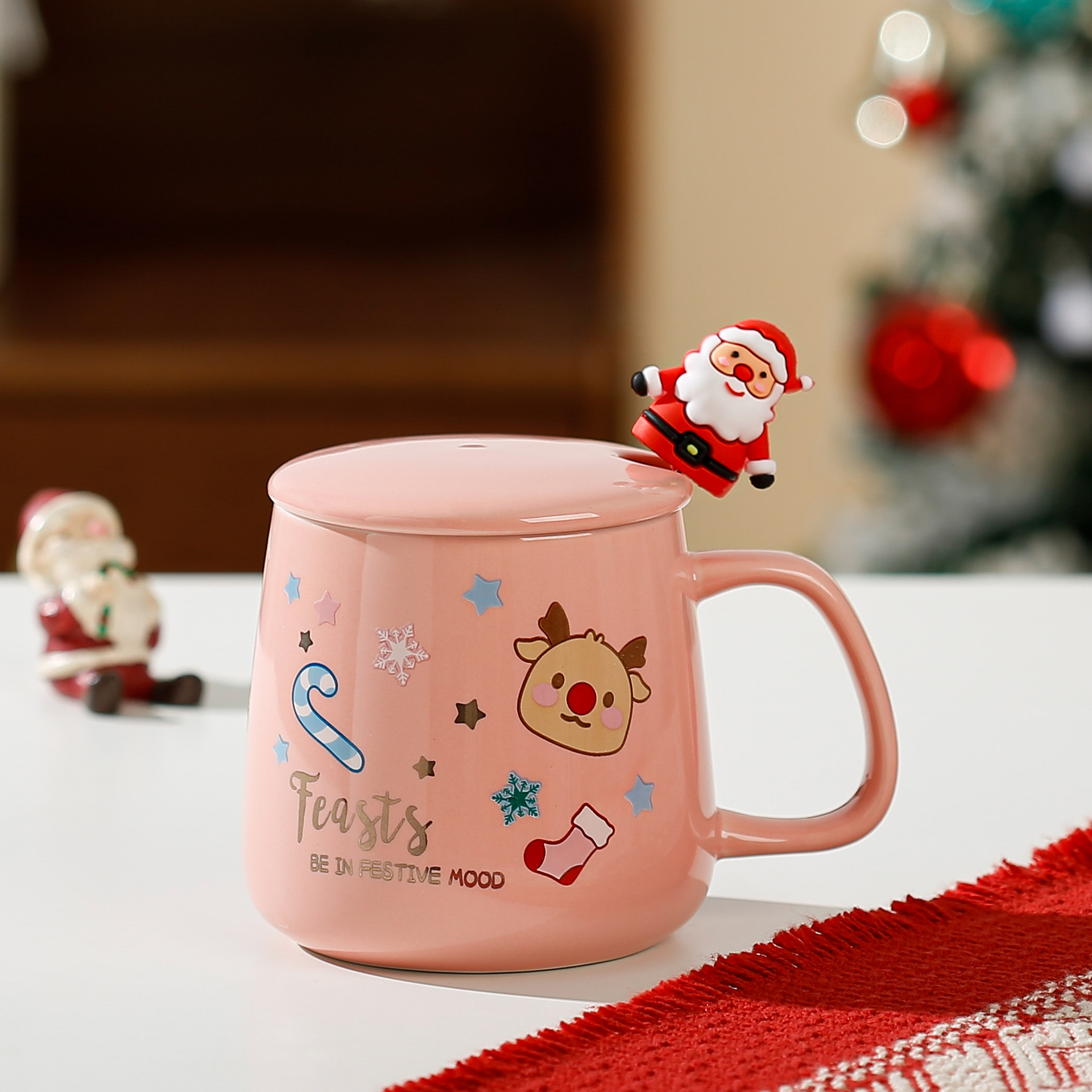 Juego de Tazas de Cerámica con Tapa y Cuchara, Taza para Agua, Regalo de Navidad, Recuerdo, Edición Limitada de Navidad