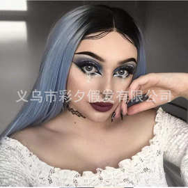 新品染色长直发中分假发欧美女士长发黑色渐变天蓝色化纤发假发套