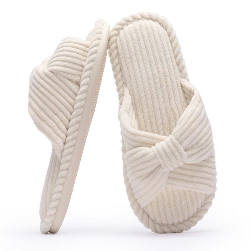 Women's Slippers for Bedroom Bathroom Spa Open Toe Corduroy Bowknot Dry Lightweight Plaid Home Shoes Easy Care