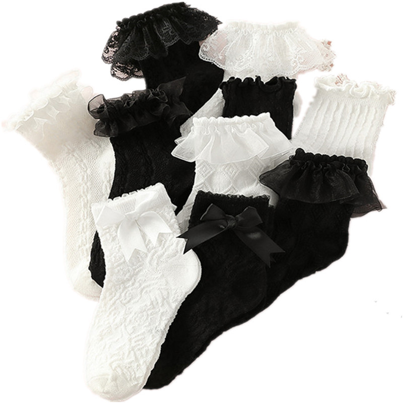 Girls' thin mid-calf lace socks spring and summer children's comfortable cotton socks lace bow Princess socks