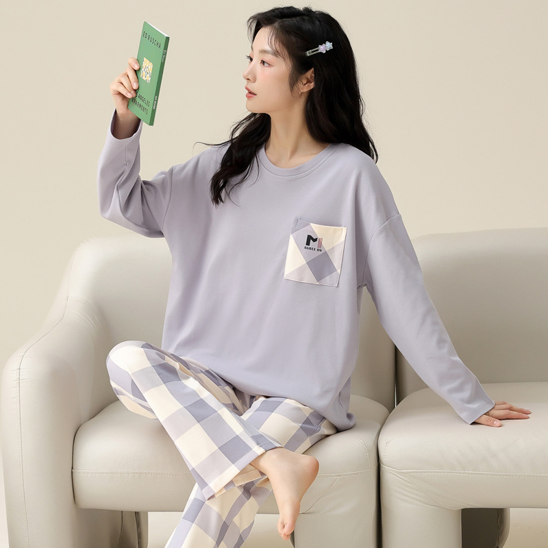 [100% algodón] pijamas de las mujeres de primavera y otoño de algodón puro con almohadilla en el pecho de manga larga ropa para el hogar traje de dos piezas se puede usar fuera dulce