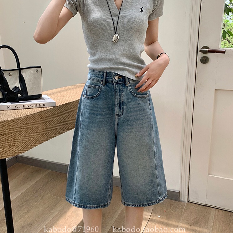 Kabodo 71960 Denim Shorts for Women 2025 Summer Jin Jing Same Style Mid-Length Shorts Kabodo High-Waisted A-Line Five-Point Lantern Pants