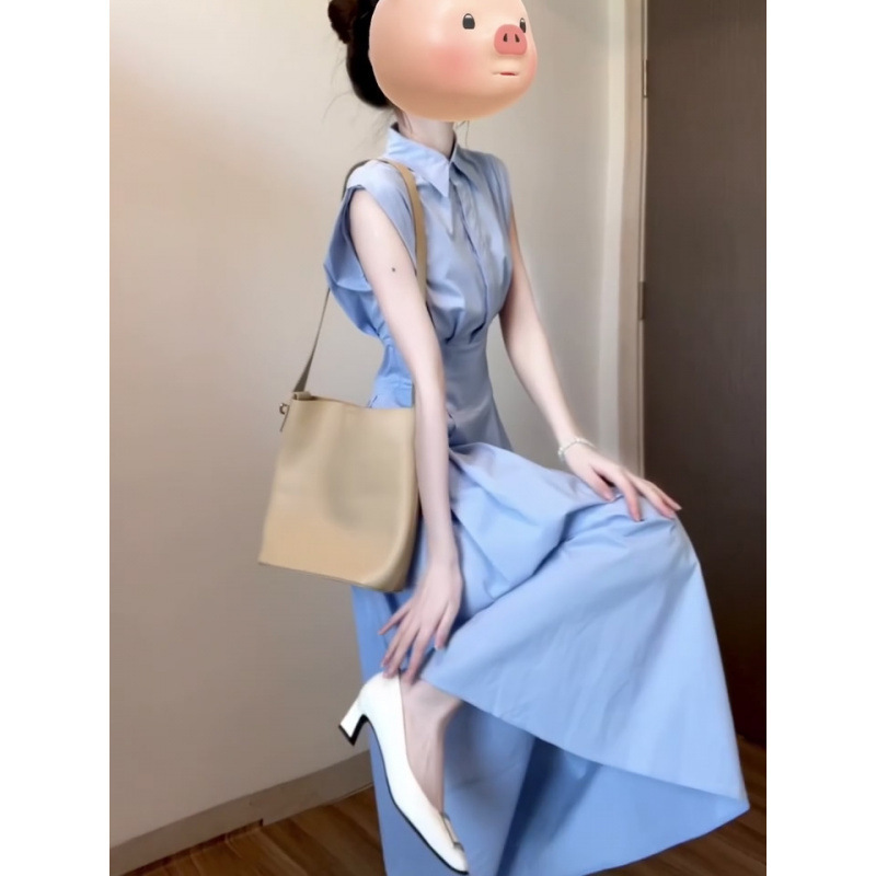 French Age-Reducing Gentle Style Sleeveless Shirt Blue Dress Women's New Summer Waist Slimming Look Work Clothing Skirt