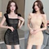 Square neckline mesh patchwork lace wrap buttocks pleated short sleeved base dress