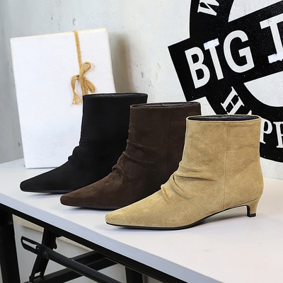 2887-1 French retro pointed versatile short tube slim boots temperament single boot fashion pleated pile boots short boo