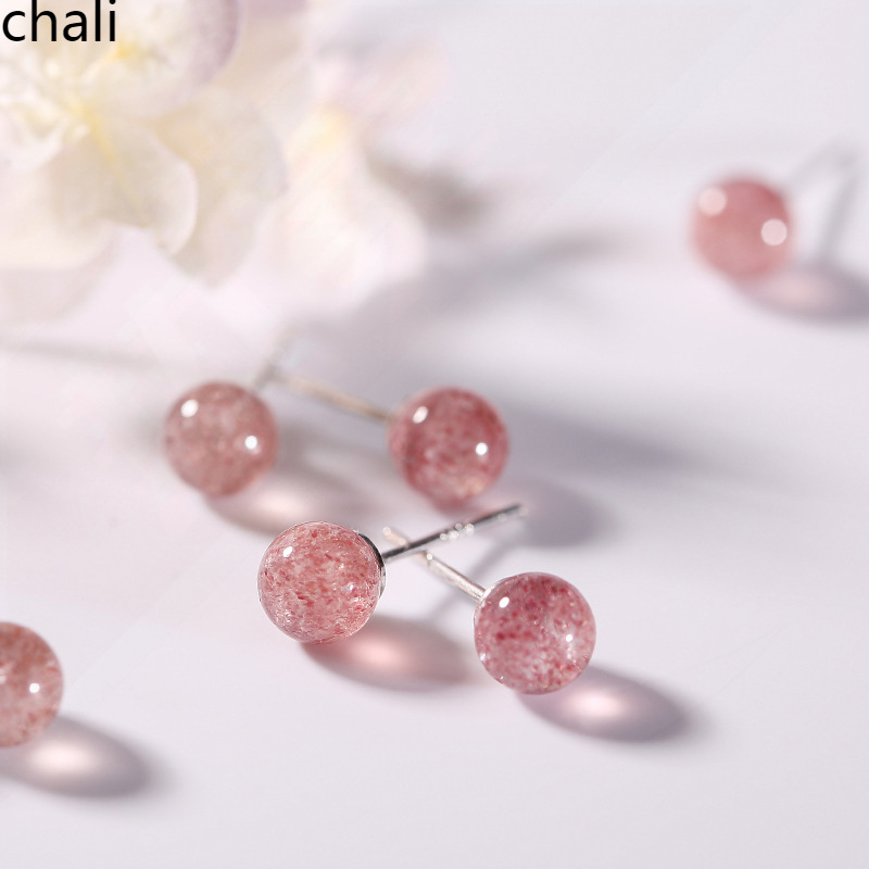정통 S  딸기 크리스탈 핑크 크리스탈 간단한 신선한 복숭아 꽃 여성 실버 귀걸이 학생 여성용 귀걸이
