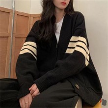 2023秋冬新款条纹开衫毛衣女外套韩版宽松学院风长袖针织衫上衣潮