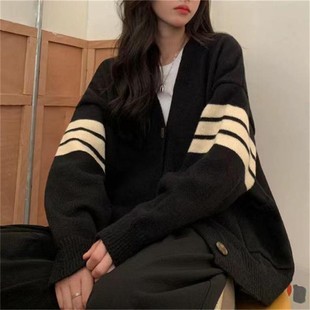 2023 Autumn and Winter New Striped Cardigan Sweater Women's Coat Korean Style Loose College Style Long Sleeve Sweater Top Trendy