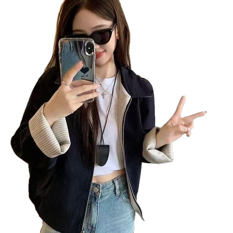 条纹两穿休闲外套女秋季两面穿外套宽松藏青色高级松弛感夹克上衣|undefined