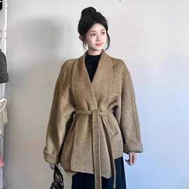 原版质量新款韩版中长款小个子羊毛大衣女浴袍款系带收腰毛呢外套