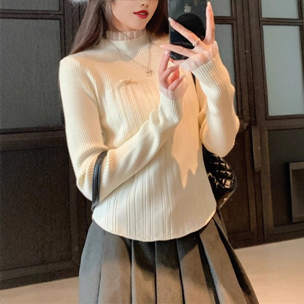 Lace knitted autumn elastic fitted sweater with bow