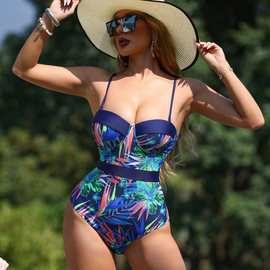 2024bikini欧美跨境亚马逊泳衣连体泳衣吊带性感连体硬包带钢托女