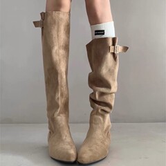 牛皮版~慵懒感女冬复古堆堆靴法式显瘦高筒靴粗跟绒面卡其色长靴