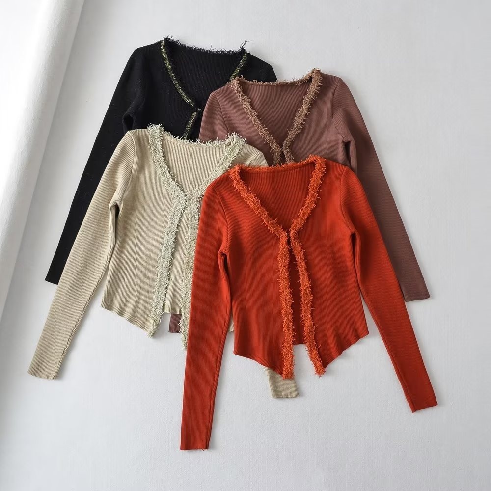 v neck long sleeve slim raw edges solid color cardigan NSXDX137506