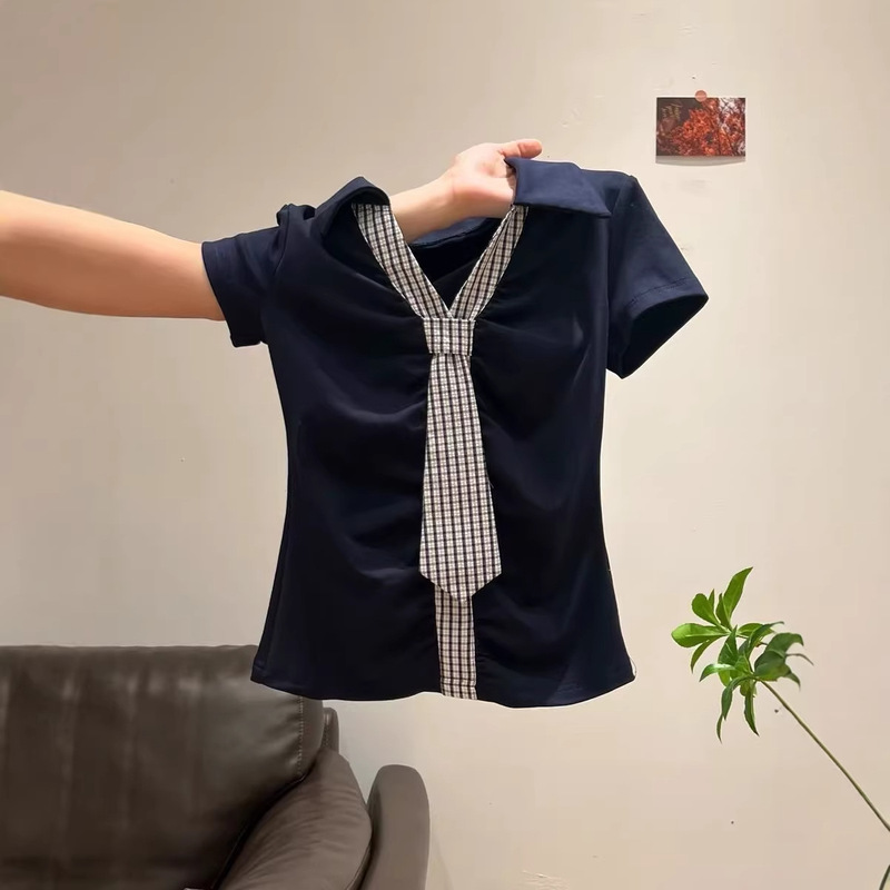 Polo Collar Plaid Tie Short-Sleeve T-Shirt for Women, New Summer Style, Ruched Slim-Fit, Flattering, High-End Short Top for Trendy Girls
