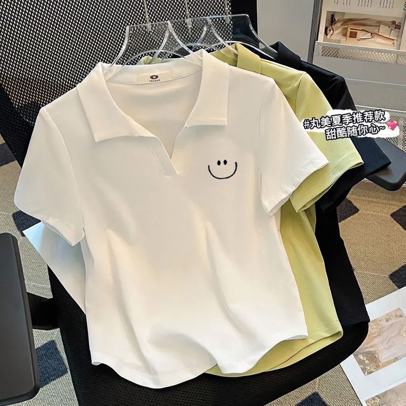大きいサイズの婦人服ファッション刺繍poloシャツ半袖tシャツ夏200斤太ったmmアーチ形裾ゆるい上着潮|undefined