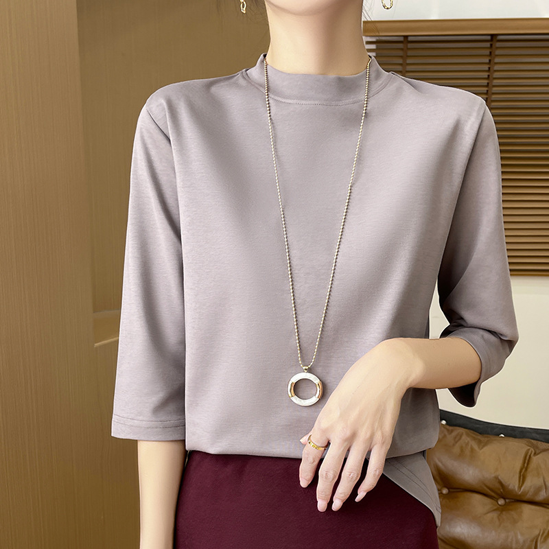 Spring, Summer and Autumn New Half-high Collar and Seven-point Sleeve Women's 100 Cotton Top Comfortable Casual Solid Color T-Shirt with Silk Cotton Interior