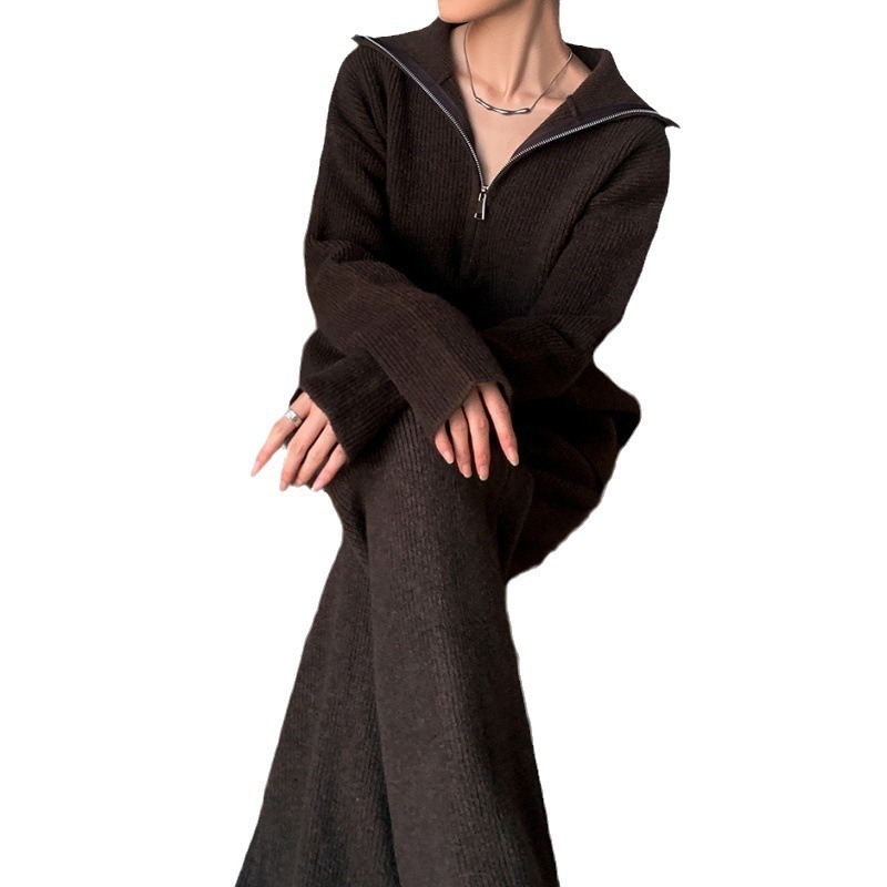 Transfronterizo estilo europeo y americano de cuello alto con cremallera suéter de punto conjunto de mujeres otoño invierno pantalones de piernas largas sueltos dos piezas