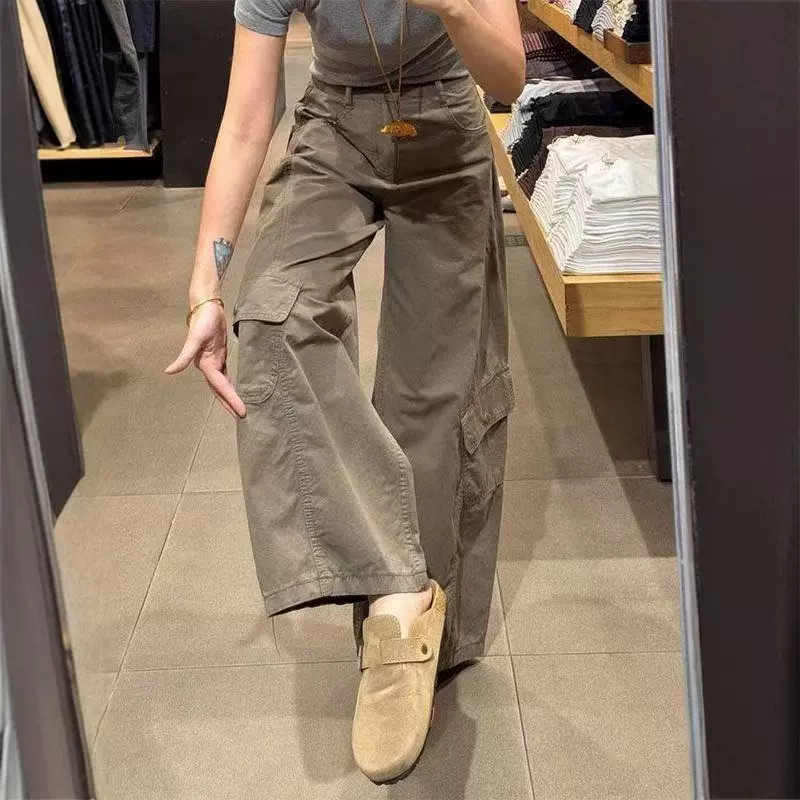 美式复古水洗多口袋工装牛仔裤女秋季高街宽松显瘦阔腿拖地长裤子