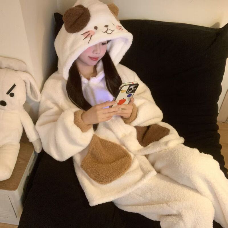 甜美三色小猫睡衣女秋冬季保暖珊瑚绒长袖长裤套装美少女家居服|undefined