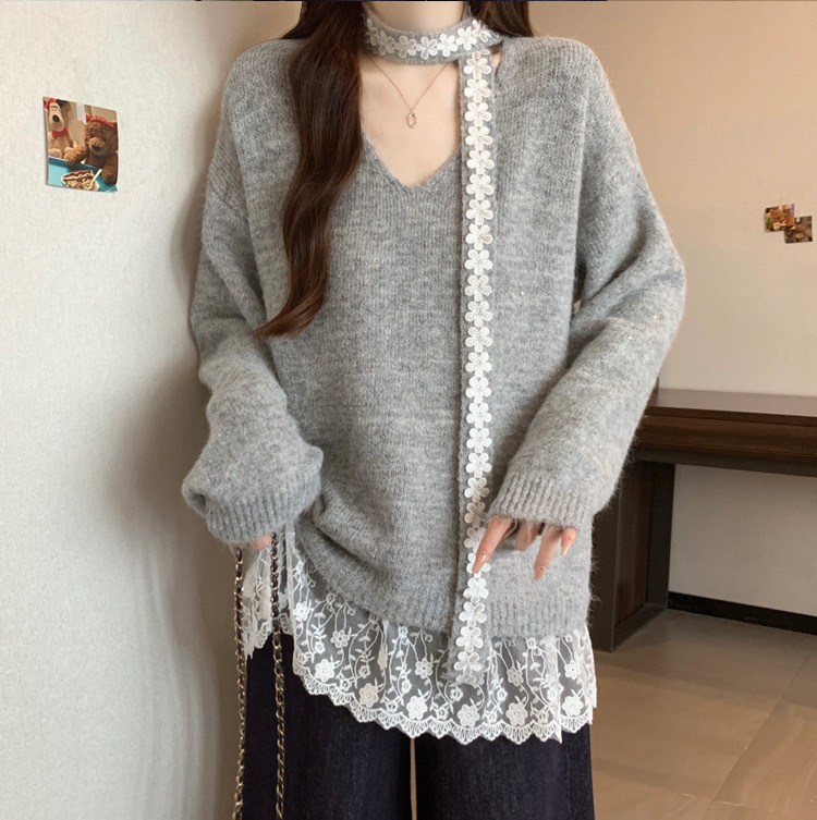 2025秋冬新款飘带蕾丝拼接V领套头毛衣女宽松甜美温柔针织衫上衣|undefined