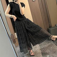 プラスサイズの夏のシフォン水玉模様のハイウエスト A ラインキュロット、太った女の子向け、多用途の痩身お腹カバー弾性ウエストワイドレッグパンツ
