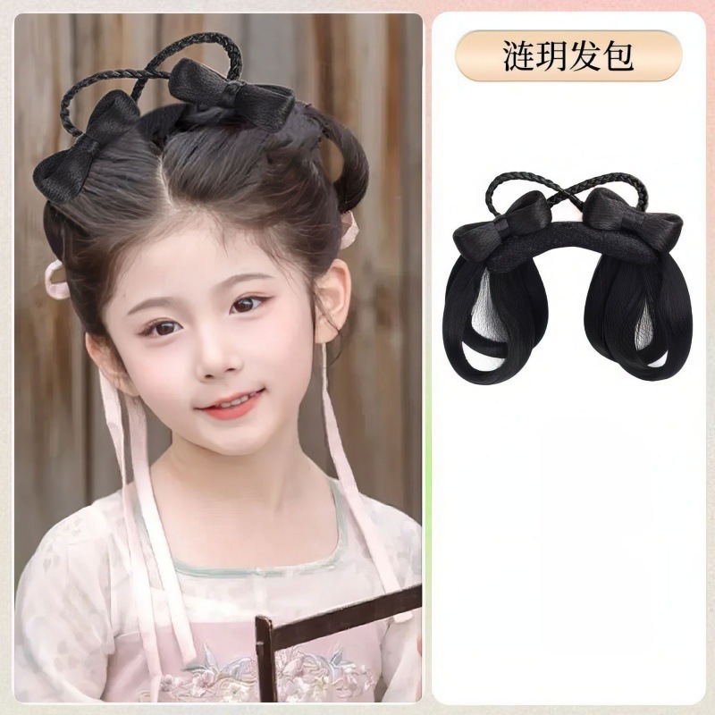 子供用古代衣装ヘアピース、かわいい女の子用漢服風ヘアピースセット、シンプルで多用途な古代風おだんごヘアバッグ|undefined
