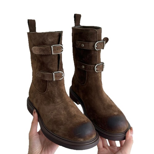 Sheepskin Version ~ Retro Fashion Leather Belt Buckle Western Cowboy Boots Slimming Short Boots for Women, Mauve Martin Boots, Biker Boots