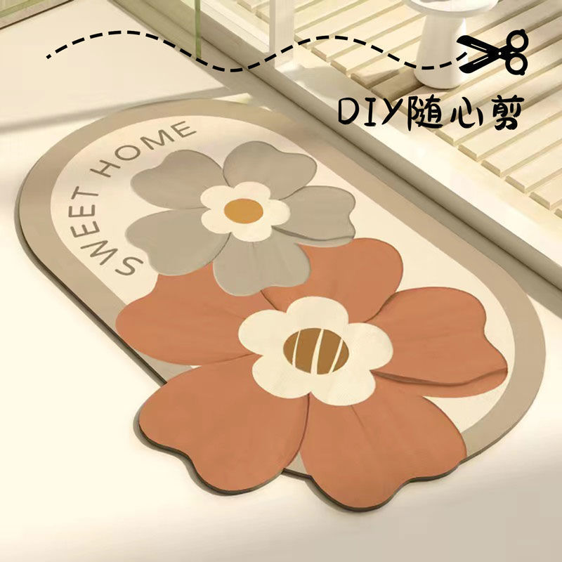 Fresh and Simple Floral Diatomaceous Earth Bathroom Mat, Water-Absorbent, Quick-Drying, Dirt-Resistant, Non-Slip Toilet Bathroom Rug