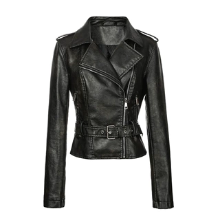 女士PU机车皮衣翻领修身 肩章+多拉链设计后背收腰Women's Coat