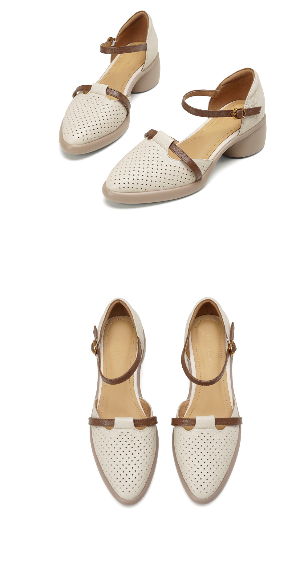 Sandal nữ quai ngang da dê mũi tròn gót vuông cao 9 cm — màu trắng ngà chi tiết 17