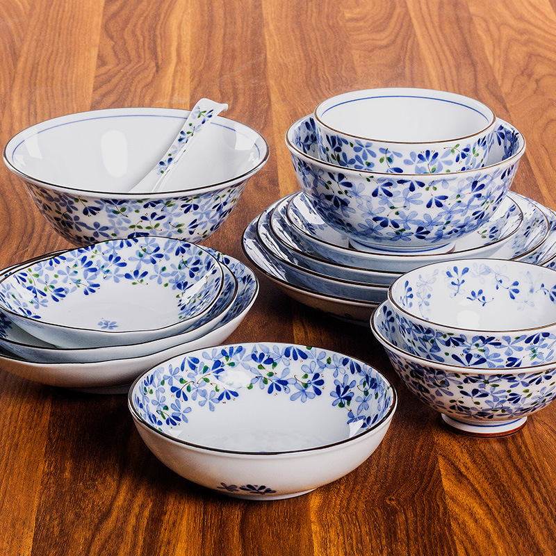 Little Blue Bud Japanese Imported Bud Tableware Household Ceramic Soup Bowl Deep Plate Noodle Bowl Japanese Style and Wind High Foot Rice Bowl