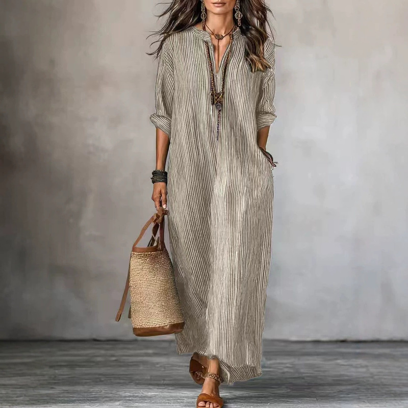European and American Cross-Border 2026 New Style Vacation Loose Long Dress, Fashionable Casual V-Neck Striped Summer Hot-Selling Dress