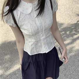 温柔风甜美百搭波点蕾丝娃娃领短袖衬衫女夏季小个子衬衣收腰上衣