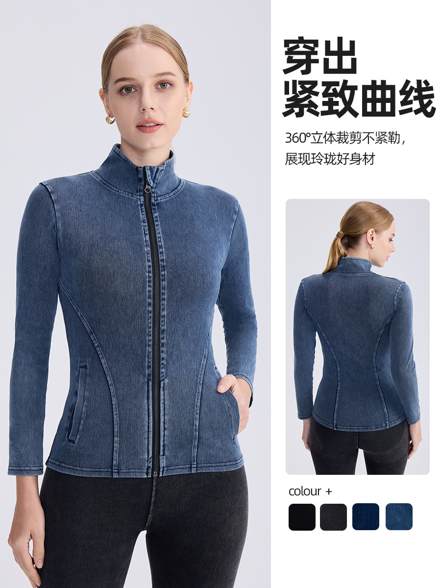 Chaqueta de yoga de mezclilla con cremallera para mujer, estilo nuevo de primavera y verano, cuello alto, corte ajustado, doble bolsillo, ropa deportiva, top de fitness.
