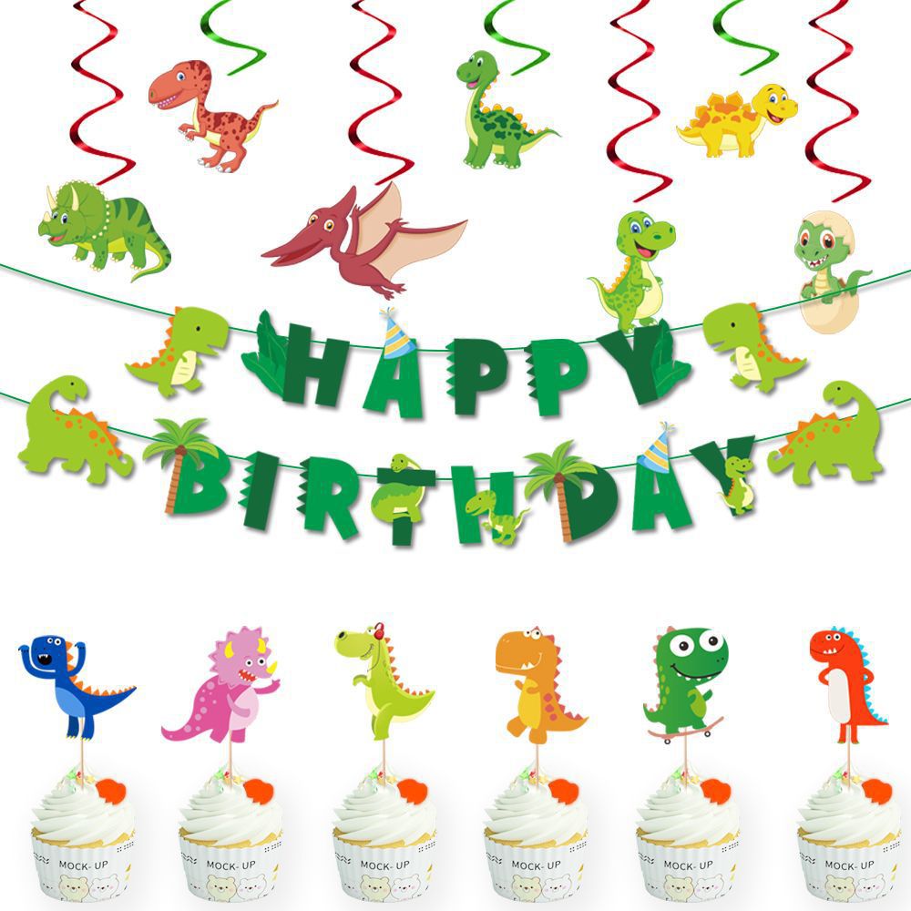Amazonas bosque dinosaurio tire bandera espiral colgante decoración cumpleaños decoración banner animal pastel Tarjeta de inserción decoraciones del partido