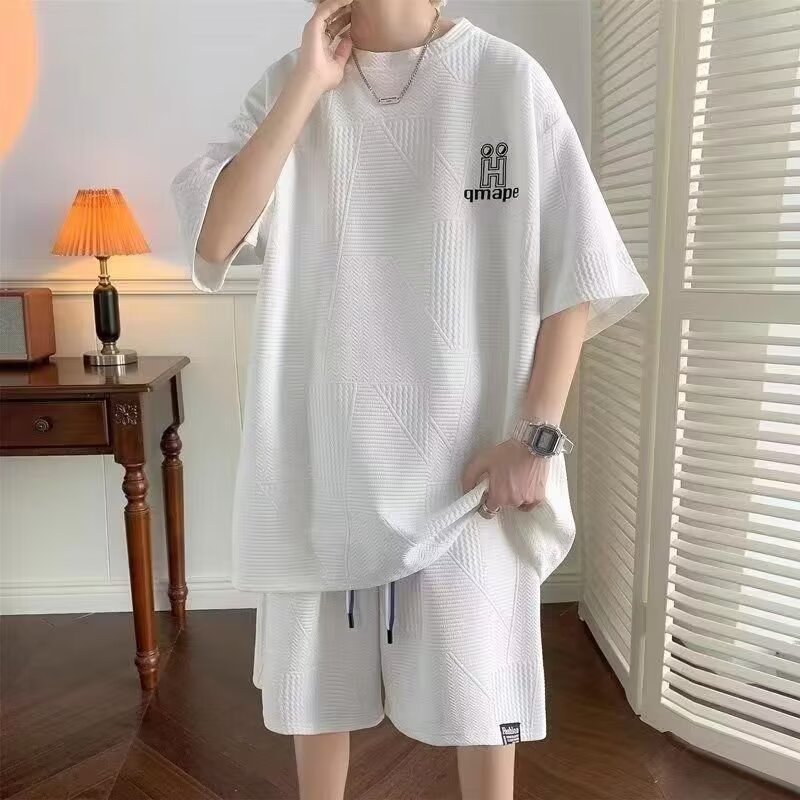 Camisa menos ropa waffle camiseta para hombre verano suelta talla grande adolescente pantalones cortos de manga corta traje deportivo casual