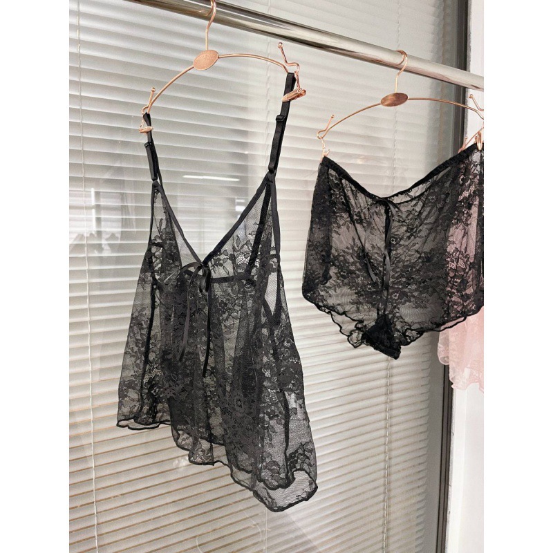 심플 프렌치 퓨어 섹시 피부 친화적인 레이스 보우 조끼 복서 팬티 여성용 서스펜더 잠옷 세트