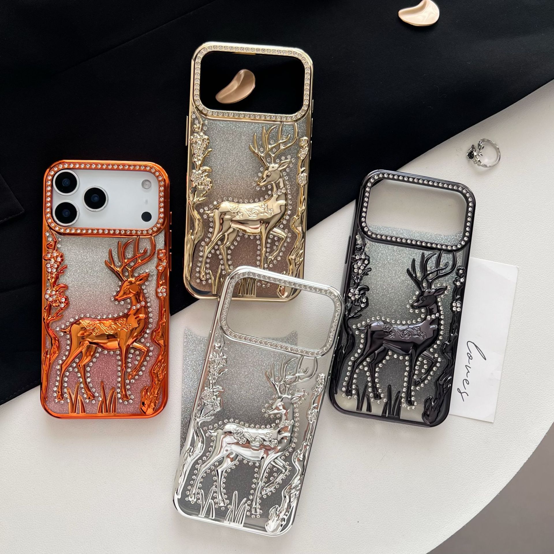 Cross-Border Stereo Christmas Glitter Elk Suitable for Iphone17Pro Apple 16Promax Flash Diamond Mobile Phone Case