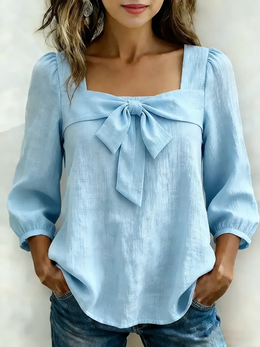 Women's Clothing Women's Style Square Neck Blouse Bow Tie Top Puff Sleeves Three Quarter Length Elegant Outfit_ecoleips.com