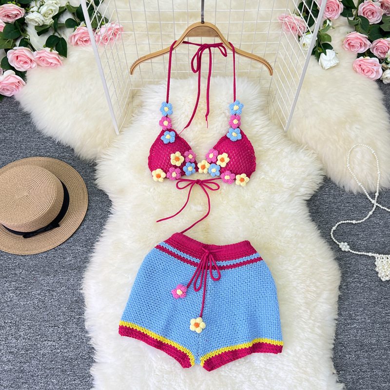 Sweet Pastoral Knitted Hanging Neck Lace-up Crochet Small Flower Wool Hollow Sexy Bikini Two-piece Set